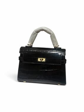 Structured Black Croc-Embossed Top Handle Bag with Gold Turn Lock
